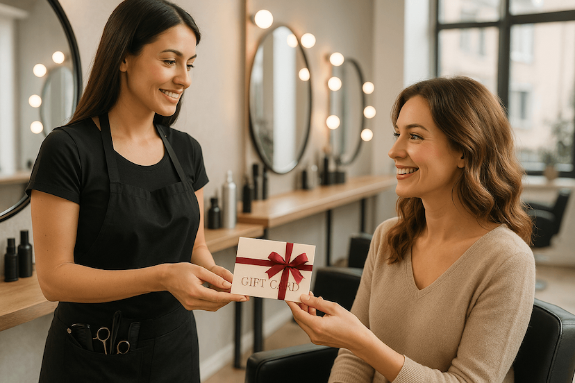 Femme recevant une carte cadeau chez le coiffeur, concept de programme fidélité attrayant.