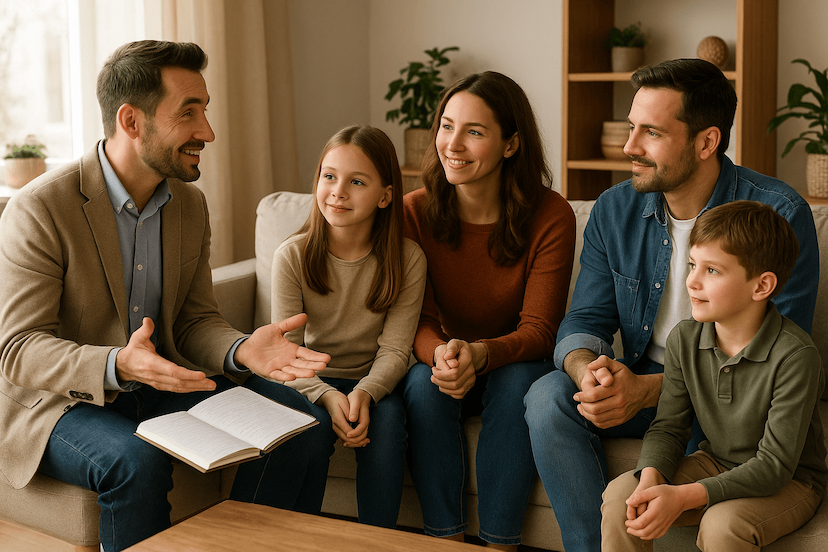 Un parent discute avec un coach familial, recevant des conseils pour soutenir l’éducation de ses enfants.