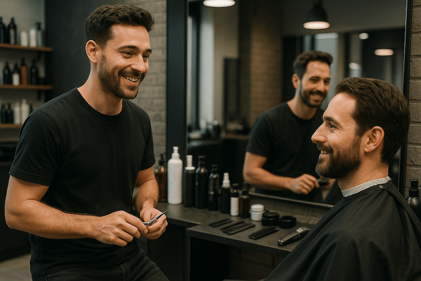 Scènes de conversation entre un coiffeur et un client visant à optimiser la prise de rendez-vous.