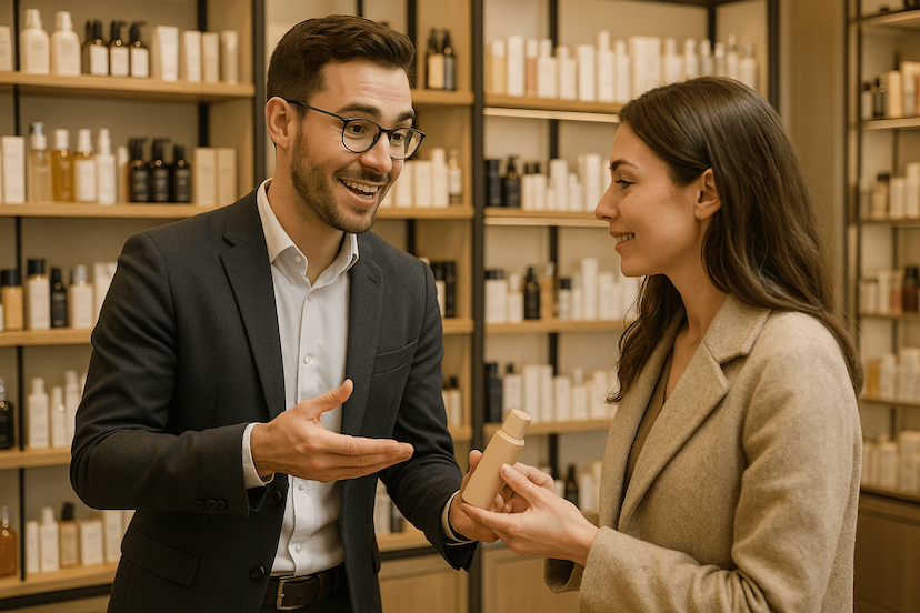 Deux personnes discutent des arguments à utiliser pour vendre un produit cosmétique.