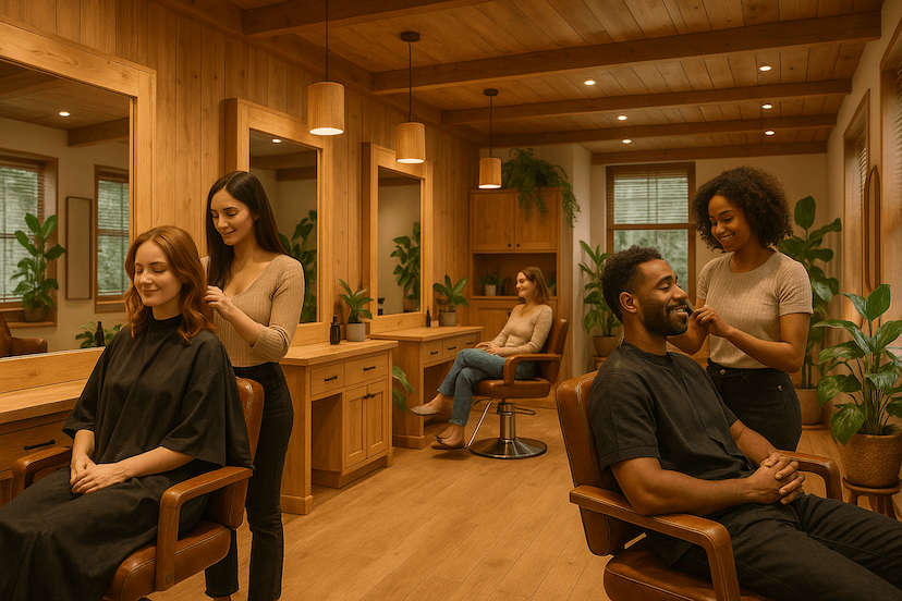 Intérieur de salon de coiffure avec mobilier et éléments décoratifs en bois pour une ambiance accueillante.