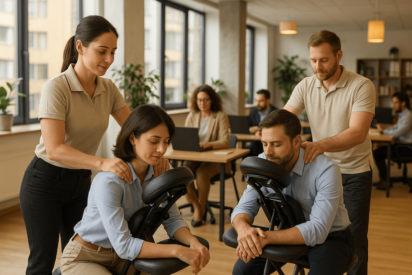 Un professionnel propose des massages à des employés dans un environnement de bureau pour élargir son offre de services.