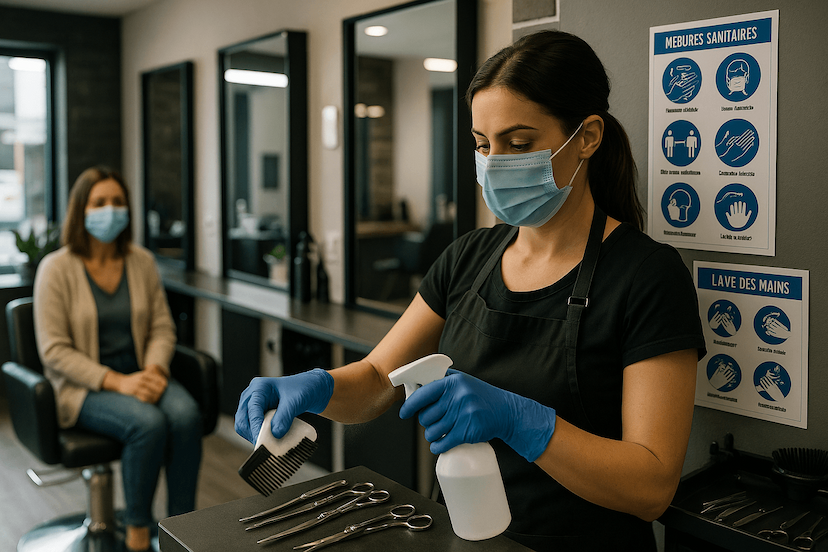 Mesures sanitaires appliquées en salon de coiffure pour assurer la protection des clients et du personnel.