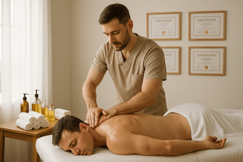 Personne apprenant et pratiquant les techniques nécessaires pour exercer le métier de masseur professionnel.